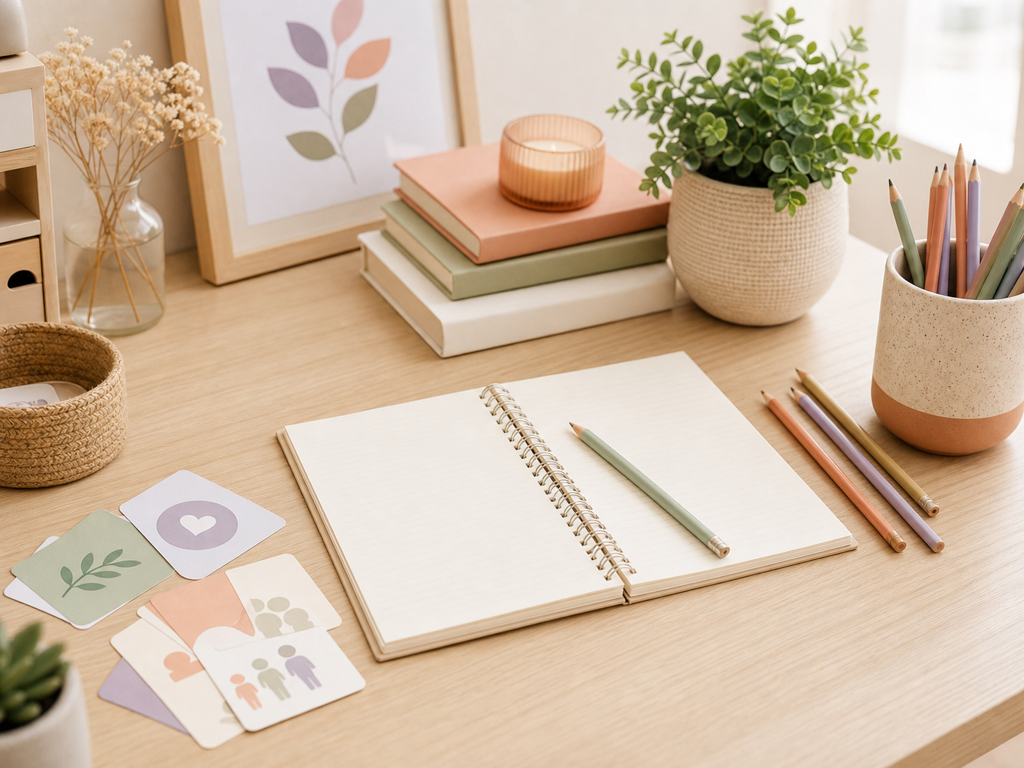Materiales de estudio y recursos psicoeducativos sobre una mesa