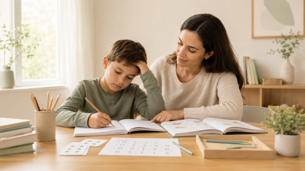 Niño realizando tareas escolares con apoyo de una adulta ante dificultades de aprendizaje