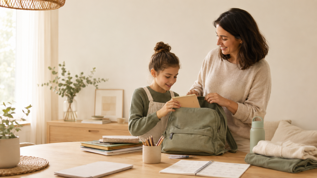 Niña preparando la mochila para la vuelta al cole con ayuda de su madre