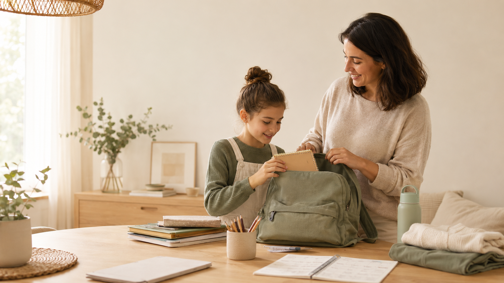 Niña preparando la mochila para la vuelta al cole con ayuda de su madre