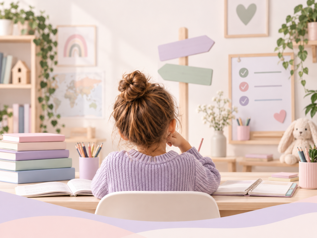 Niña estudiando en un espacio educativo con materiales de apoyo y organización.