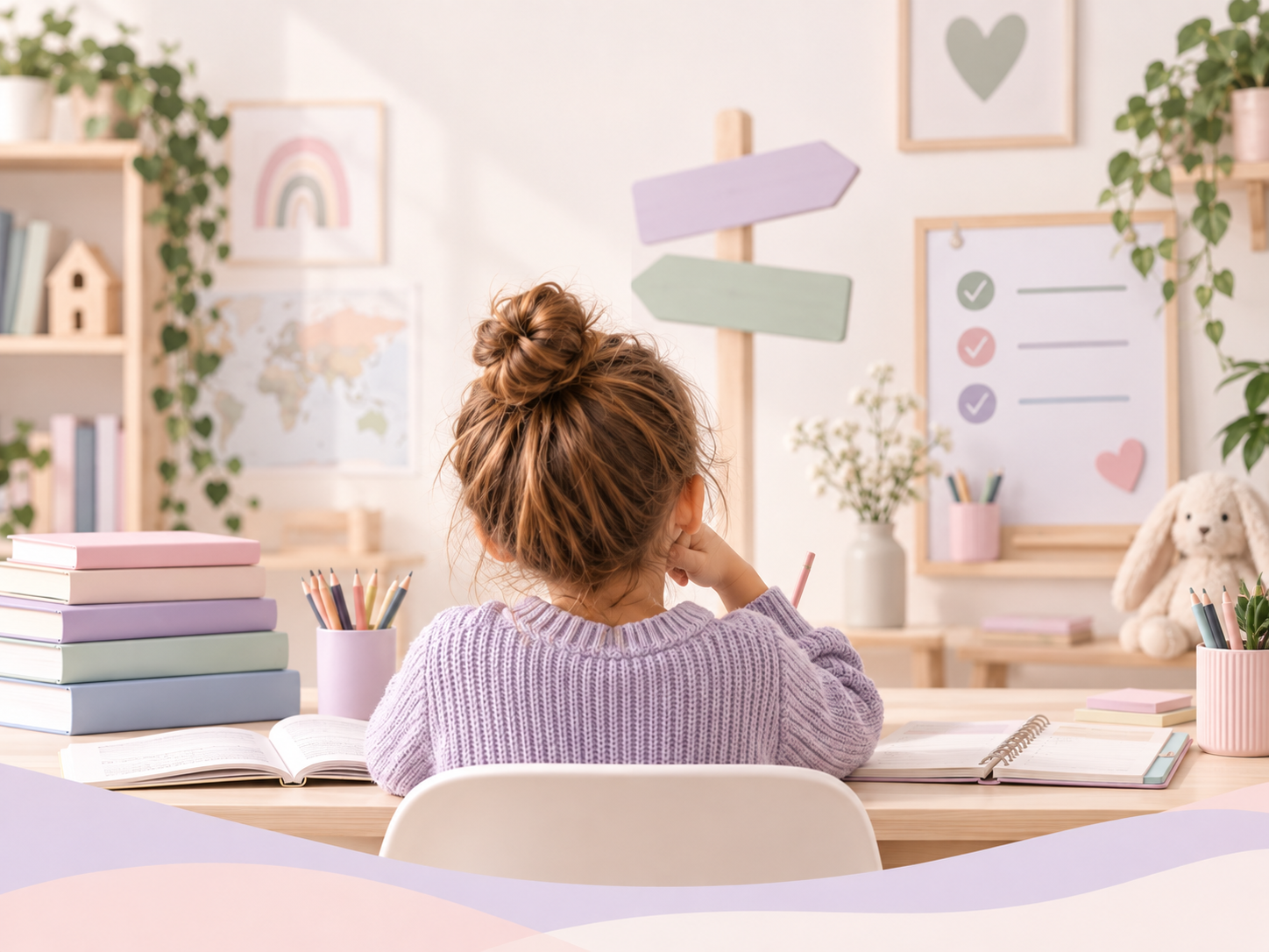 Niña estudiando en un espacio educativo con materiales de apoyo y organización.