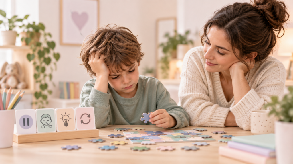 Niño frustrado con un puzzle mientras una adulta le acompaña con calma