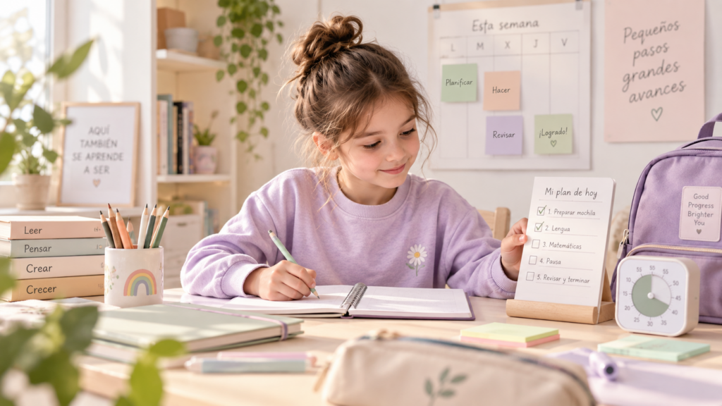 Niña estudiando con una lista de tareas y apoyos visuales para organizarse