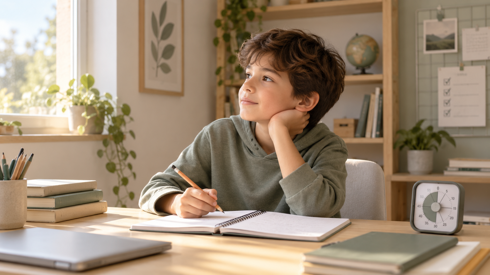 Niño distraído mientras estudia en un escritorio con materiales escolares