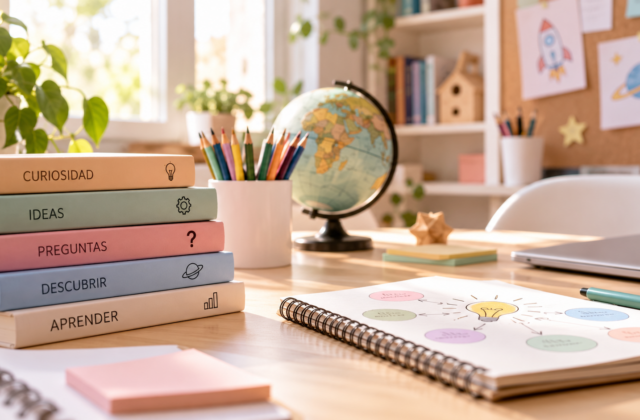 Materiales de aprendizaje, libros y mapa conceptual en un espacio educativo