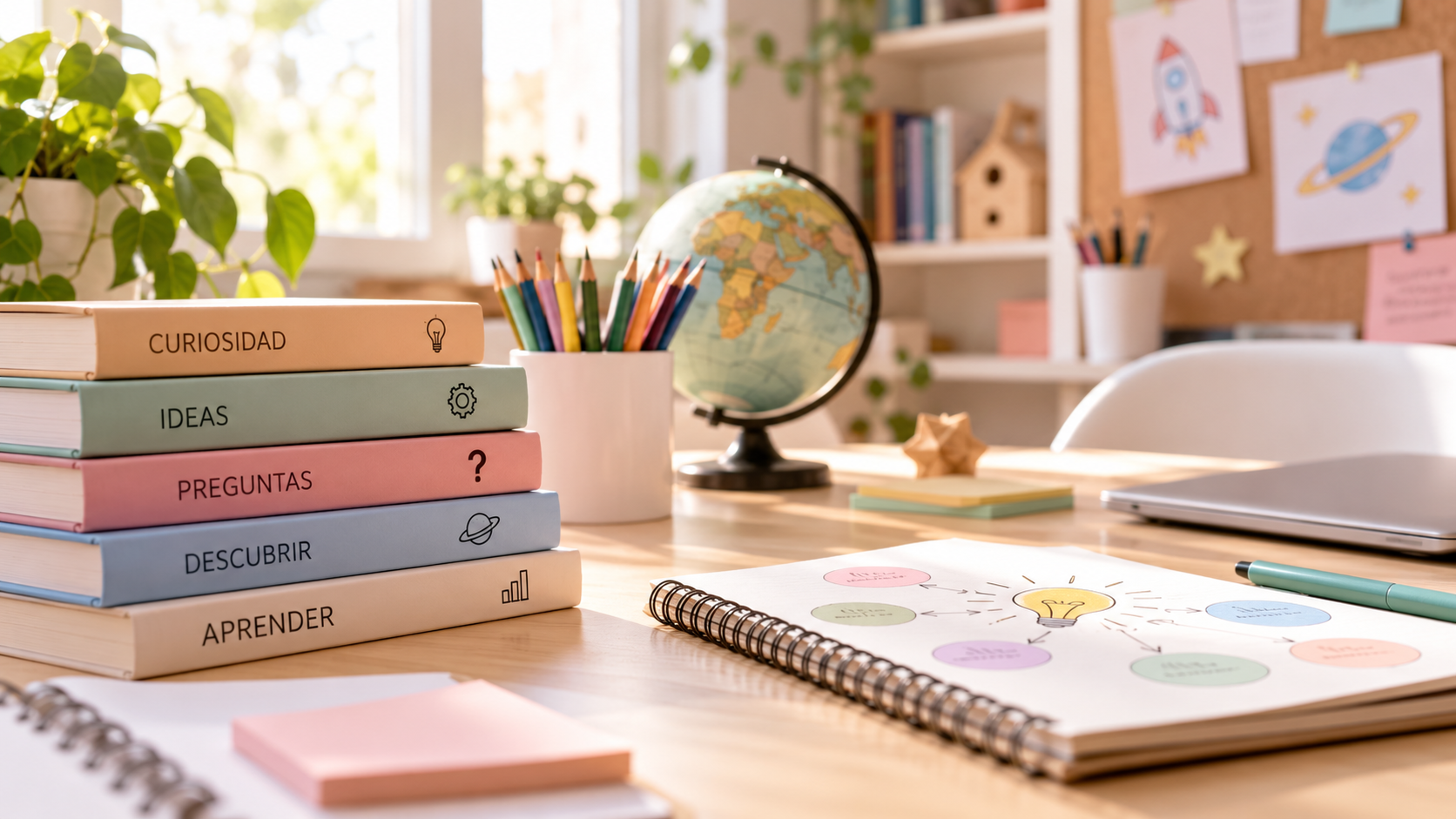 Materiales de aprendizaje, libros y mapa conceptual en un espacio educativo
