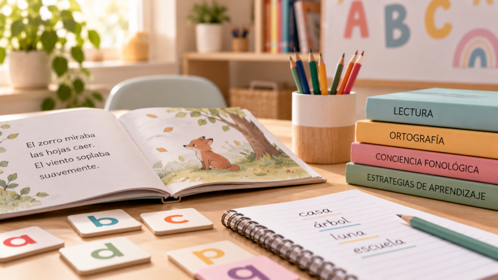 Libro infantil abierto con materiales de lectura y escritura sobre una mesa