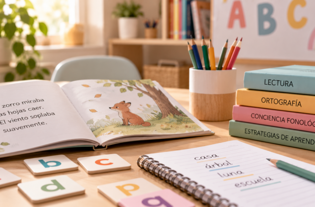 Libro infantil abierto con materiales de lectura y escritura sobre una mesa