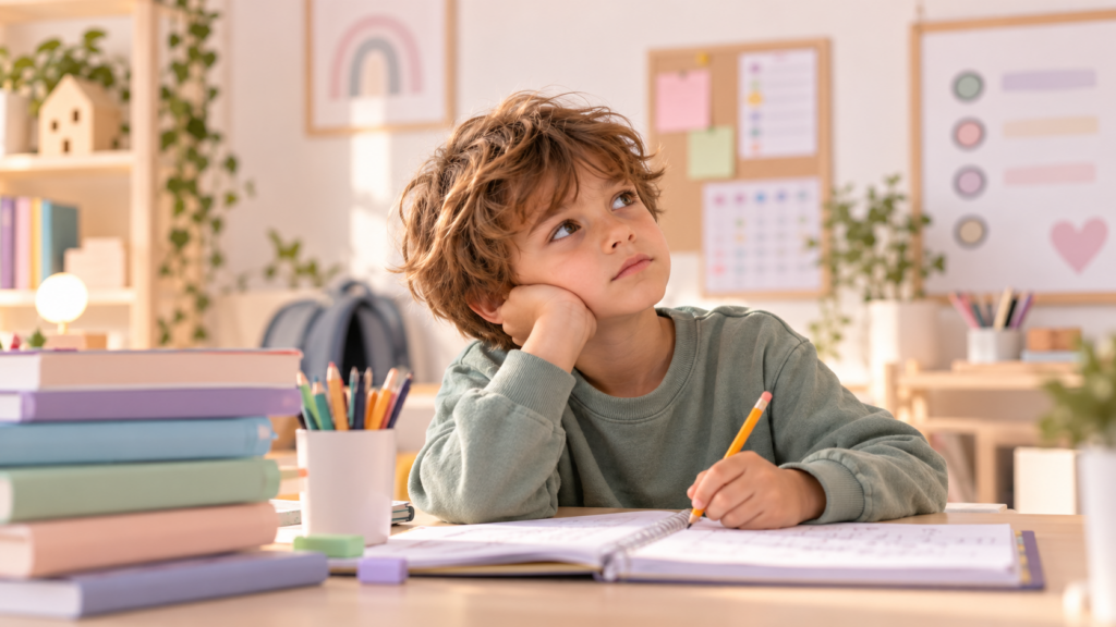 Niño distraído durante una tarea escolar en un entorno de estudio