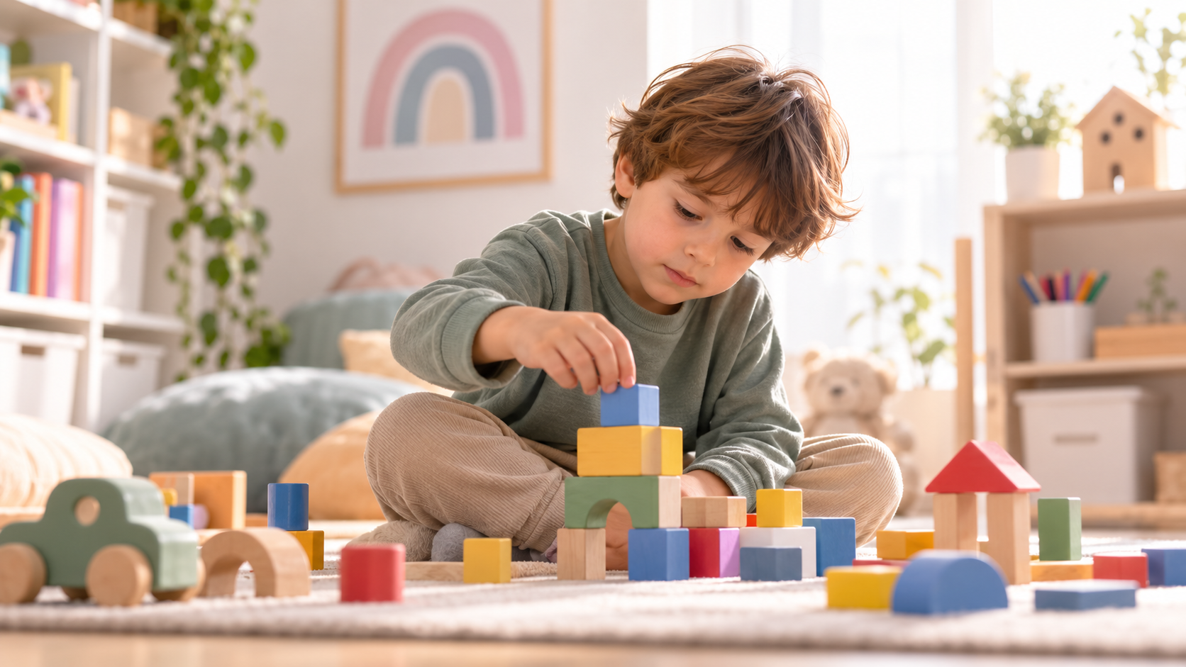 Niño jugando con bloques de construcción en un espacio educativo
